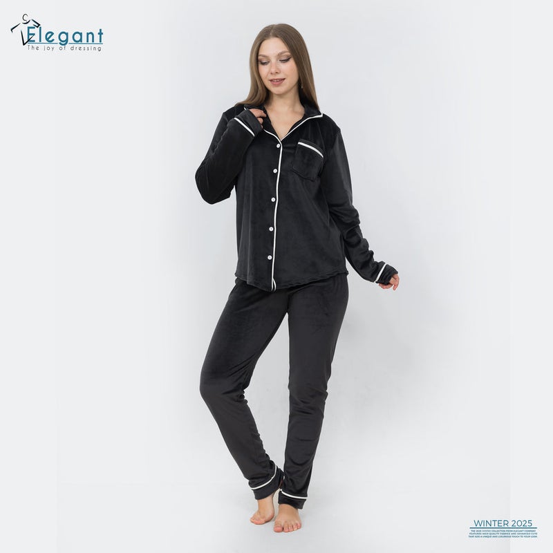 Elegant Velvet Classic Pyjama - Black - Image 2